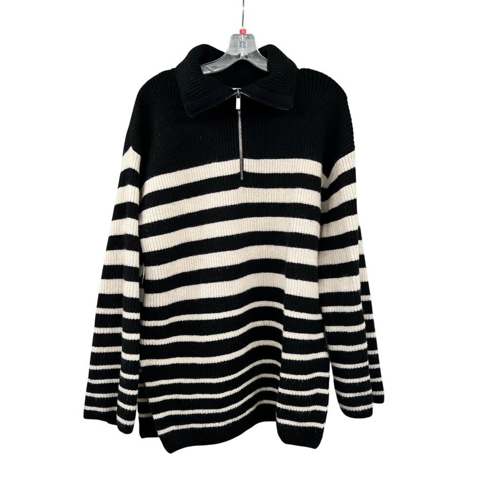 H&M Womens Striped Knit Sweater Quarter Zip Collared Black/Cream Size Small